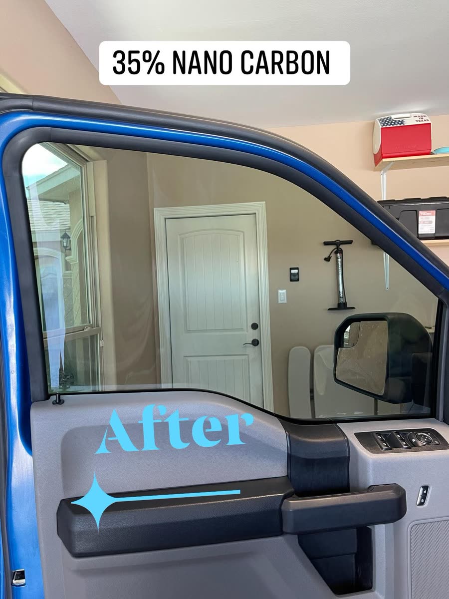 The same door window after 35% nano carbon film — the same garage is visibly darker but still perfectly clear to see through