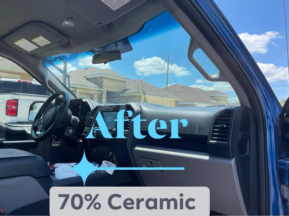 The same windshield after 70% ceramic film, with the heat-rejecting layer in place and the view still clear