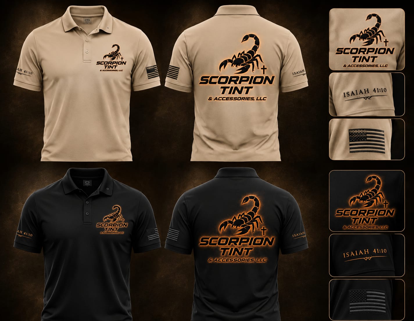 Scorpion Tint branded polos in tan and black, with Isaiah 41:10 and a US flag on the sleeves